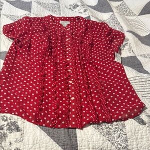 LOFT Red Polka Dot Ruffle Button-Up Blouse